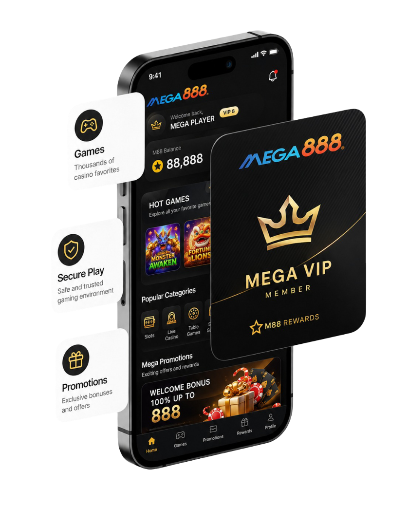 Aplikasi Mega888 dipaparkan pada telefon bimbit dengan kad keahlian Mega VIP
